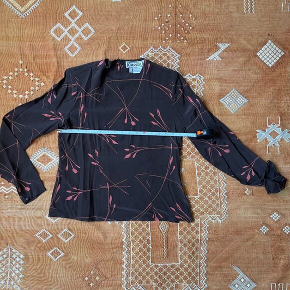 Vintage Carlisle 100% Silk Blouse – Abstract Floral Print | Brown & Rose | sz 6 - Picture 3 of 6